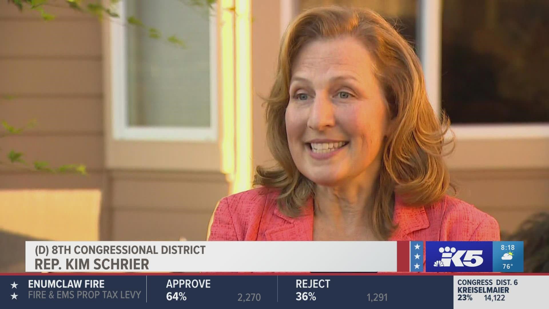 Congresswoman Kim Schrier is leading in the primary race for the 8th legislative district seat with 49% of the vote after initial returns on Tuesday.