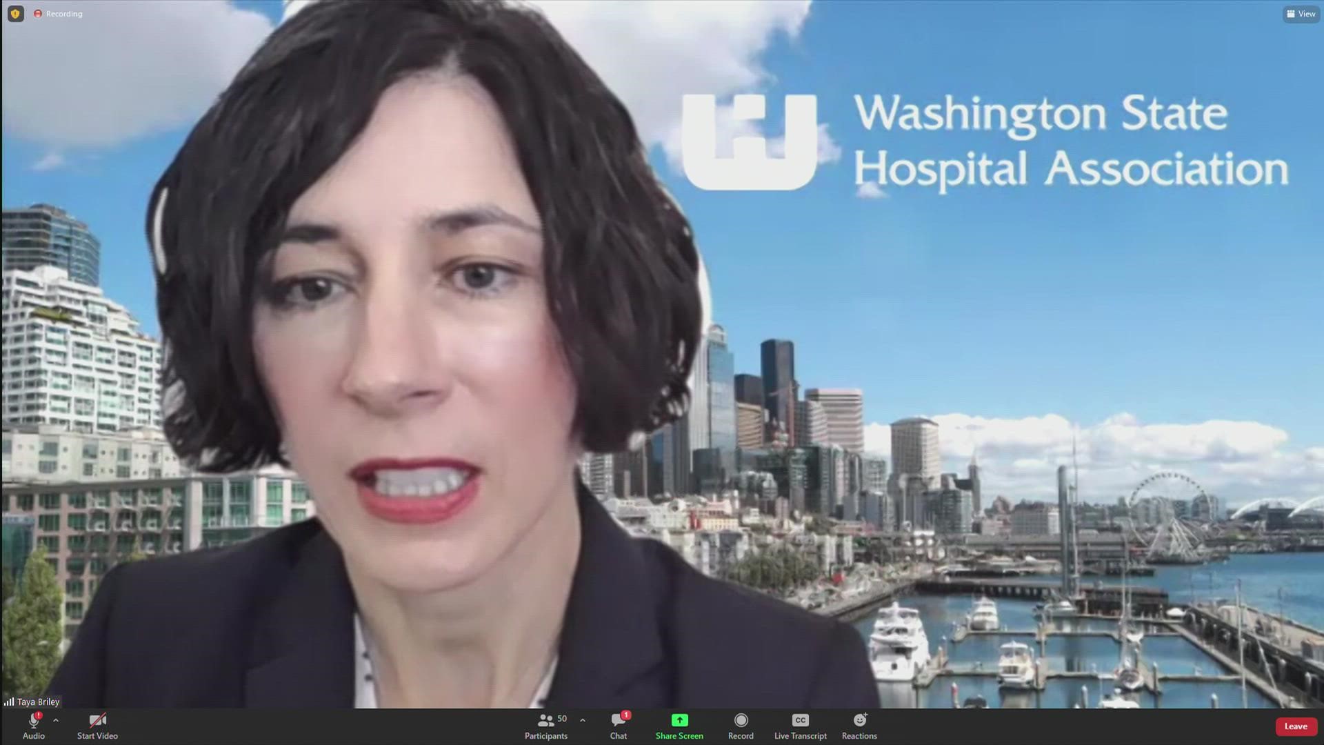 Washington State Hospital Association Executive Vice President Taya Briley gives an update on the state of the health care system on Sept. 13, 2021.