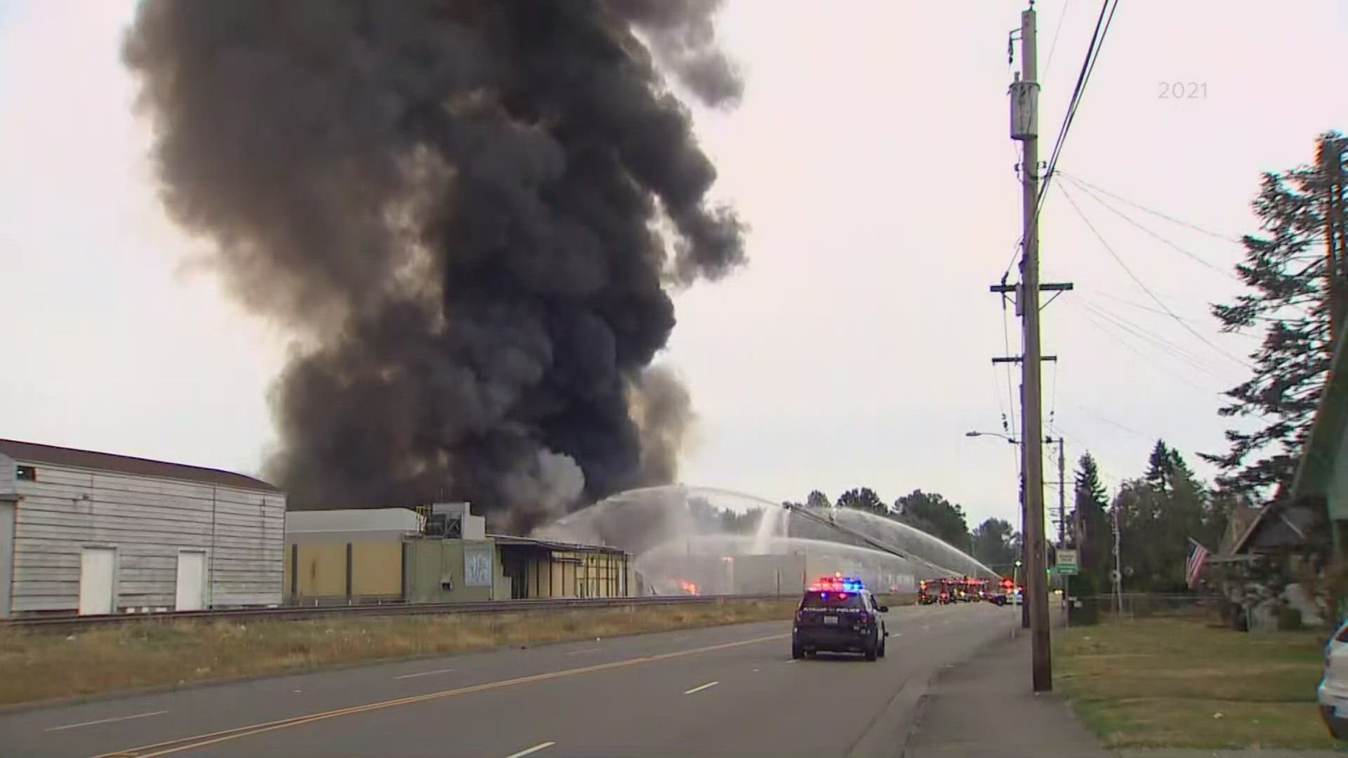 The fire began Tuesday morning at an old cold storage facility in Puyallup.