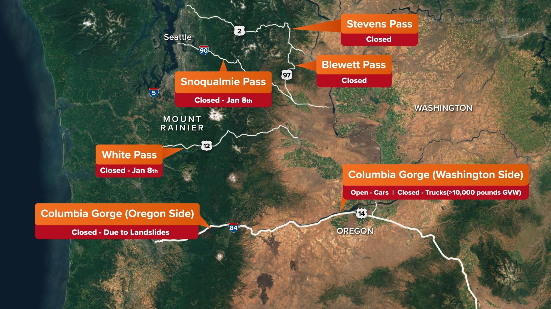 Snoqualmie, Stevens, White passes closed for snow, avalanche risk