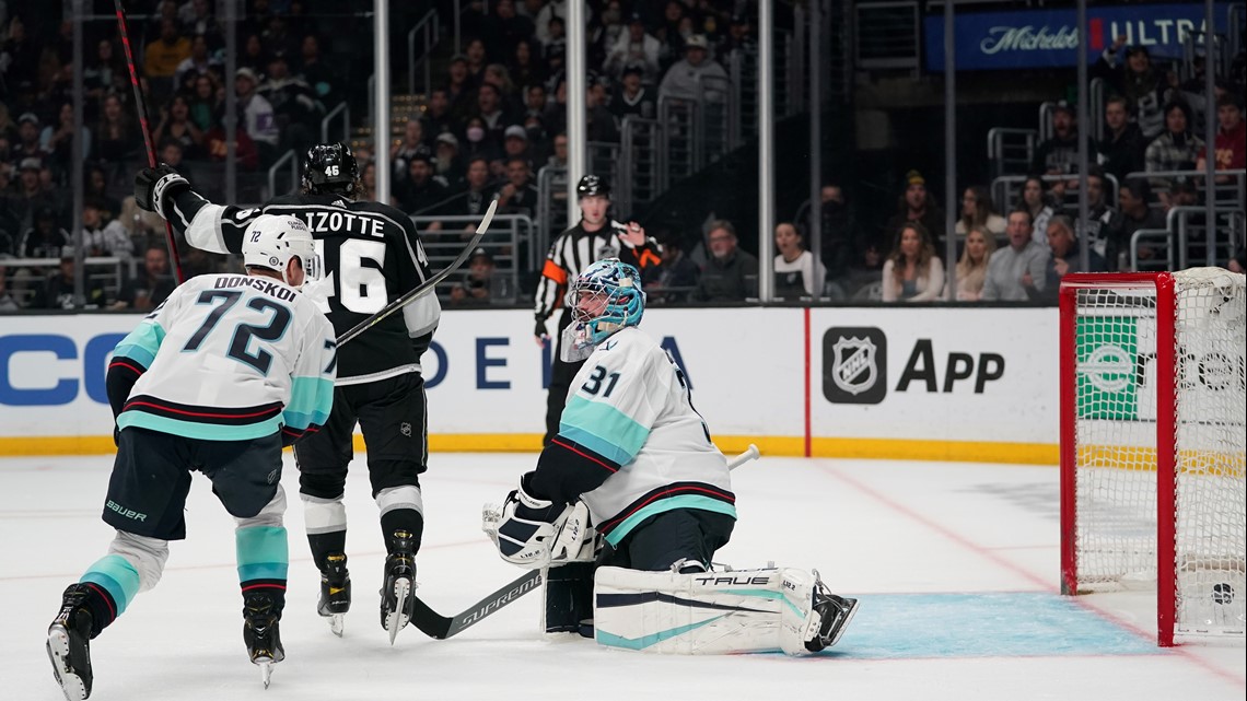 Los Angeles Kings defenseman Sean Durzi celebrates a goal with Los