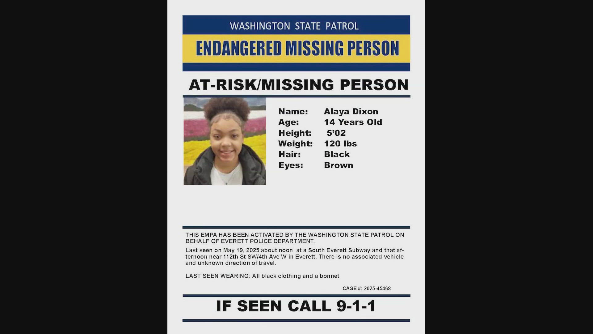 The Everett Police Department said Alaya Dixon, 14, did not return home from school on Monday, May 19.