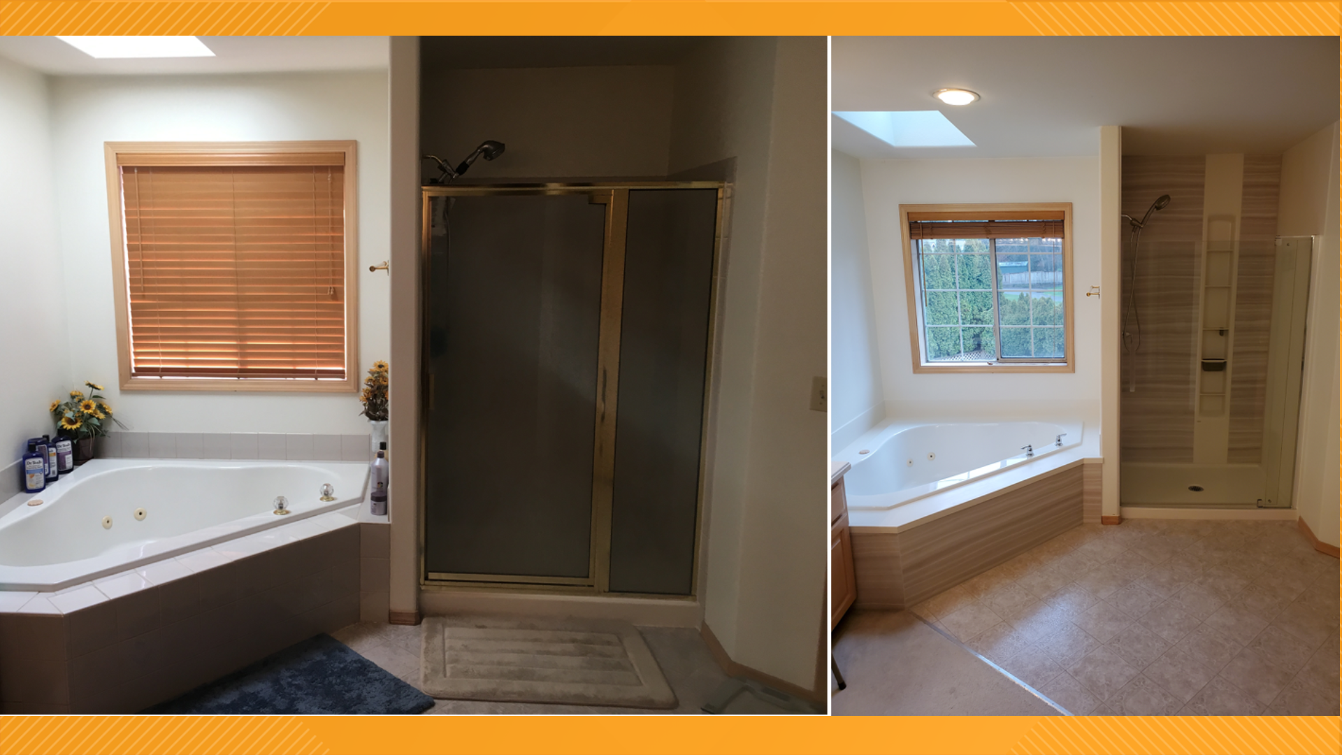 Replacing the tub with a Kohler LuxStone walk-in shower maximizes and modernizes small spaces. 
Sponsored by Pacific Bath Company.