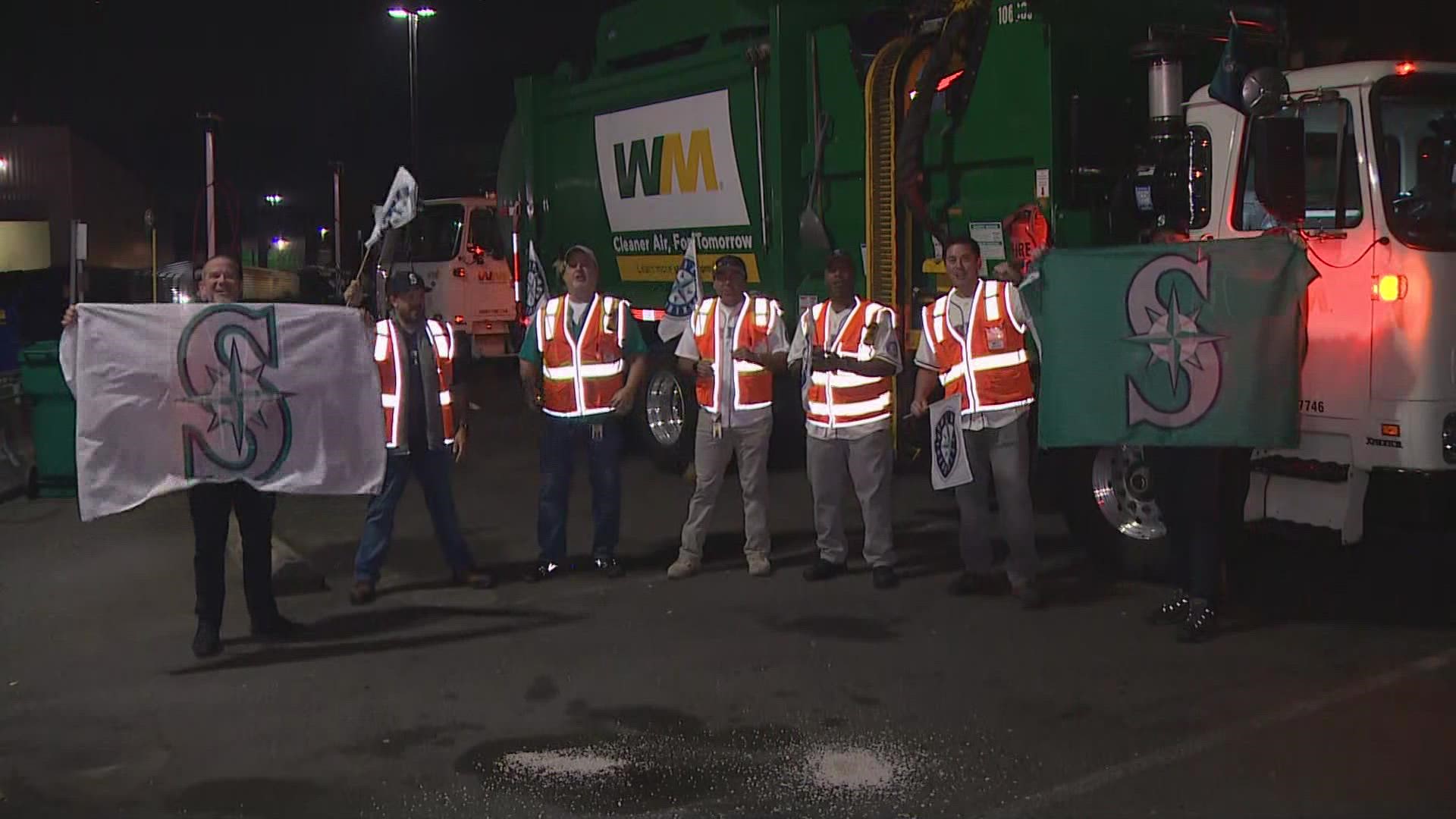 Seattle's Waste Management drivers got their morning started with a Mariners Mania Rally ahead of this weekend's playoffs
