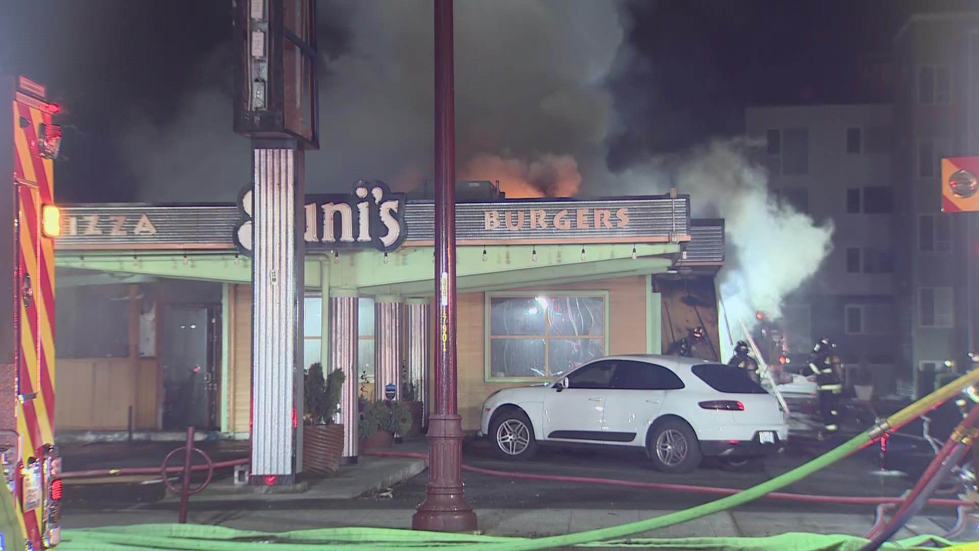 The fire started on the outside of Suni's Pizza and Burgers, a family-owned restaurant that has operated in Shoreline since 1979.