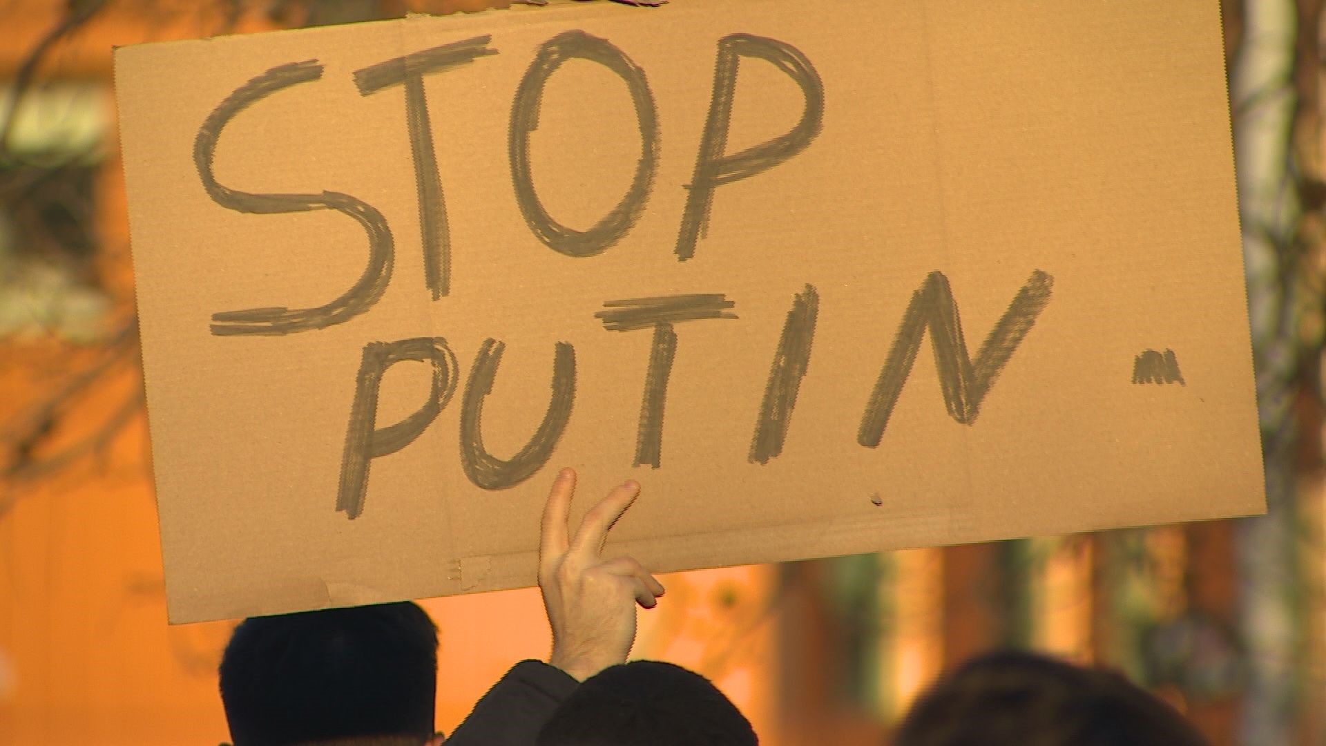 “What Putin has initiated yesterday is an atrocity it’s a war crime. He literally has started a war without any provocation,” said Russian-born protester Mitch Gaul.