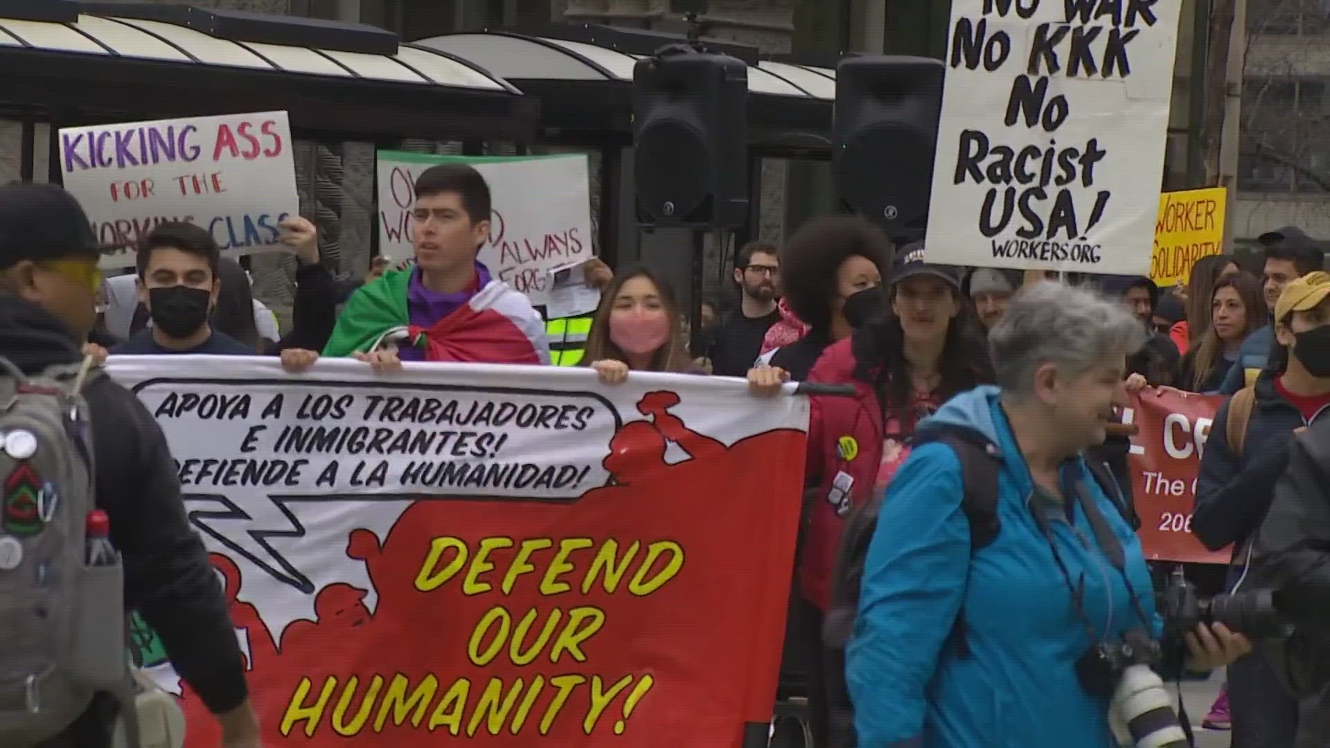 Demonstrators marched through downtown Seattle in support of worker and immigrant rights on May Day.