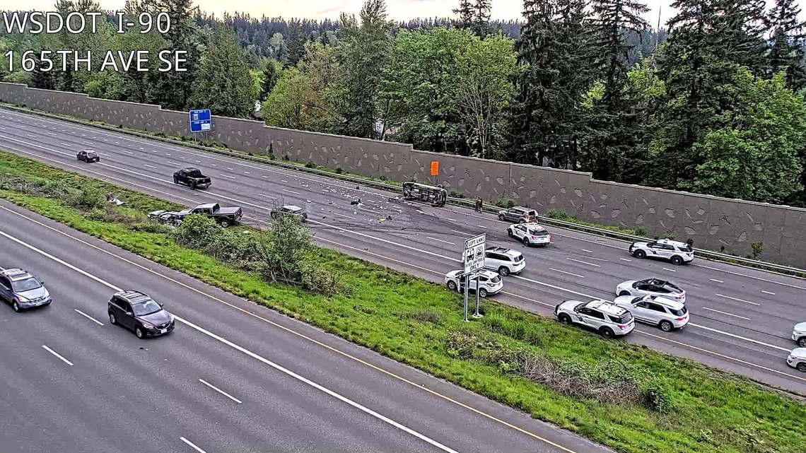 Four people were injured in a three-car crash on westbound I-90 near West Lake Sammamish Parkway on Friday night.