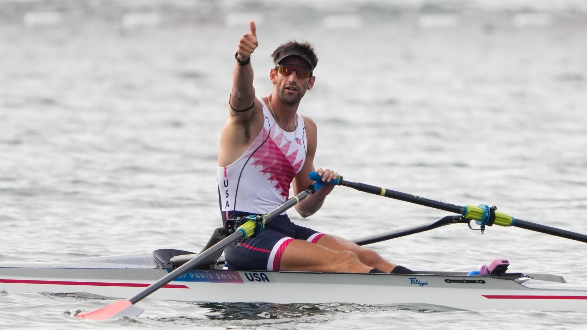 Jacob Plihal earns a personal best time on Aug. 3 in the men's single sculls at the Paris Olympics.