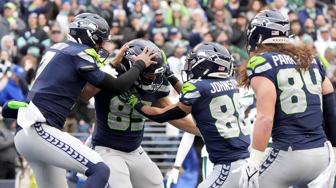 Seattle Seahawks tight end Colby Parkinson (84) stands on the field during  the first half of an NFL football game against the Los Angeles Rams,  Sunday, Jan. 8, 2023, in Seattle. (AP