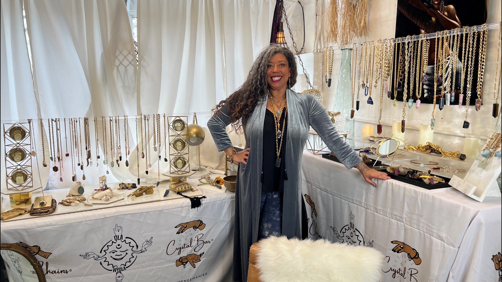 At Ola Wyola in Seattle, Rainbow-Renée Wyola Manier adorns vintage necklaces with unique crystals. #k5evening