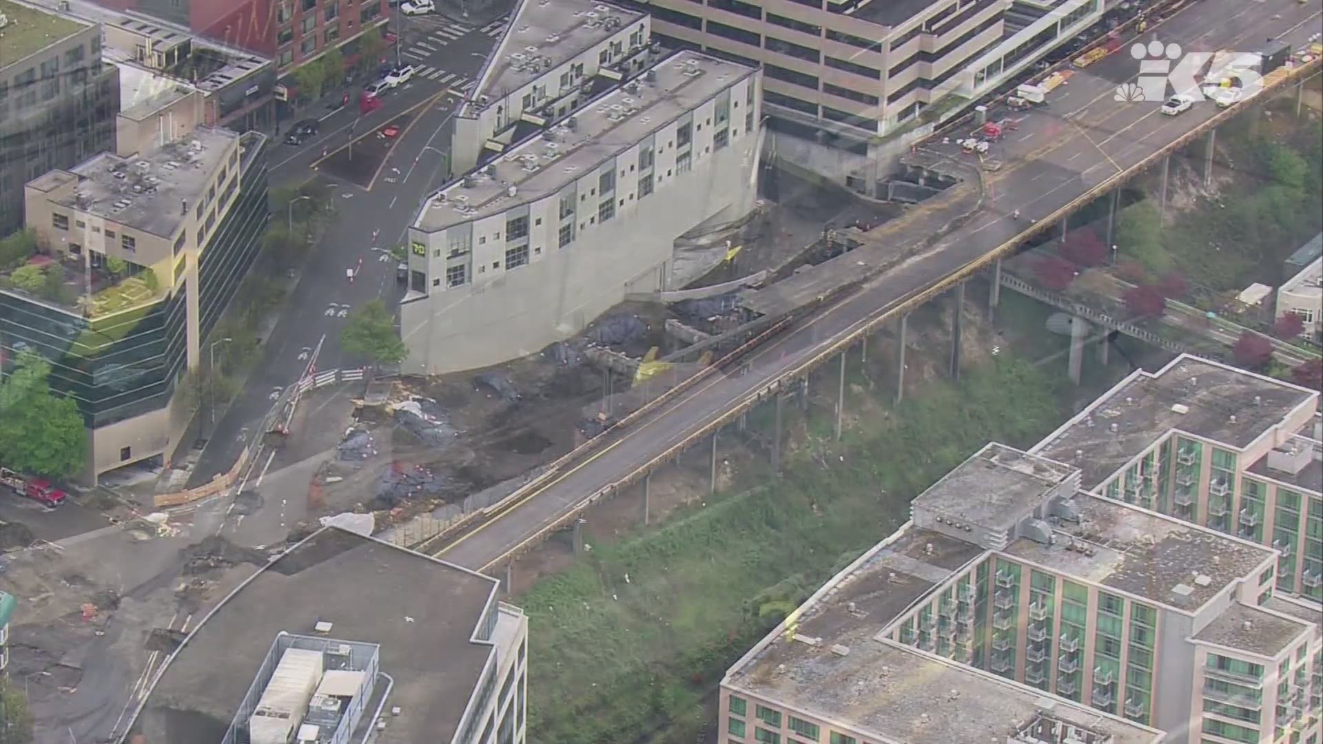 Aerials of demolition work on the Alaskan Way Viaduct in Seattle on April 11, 2019.