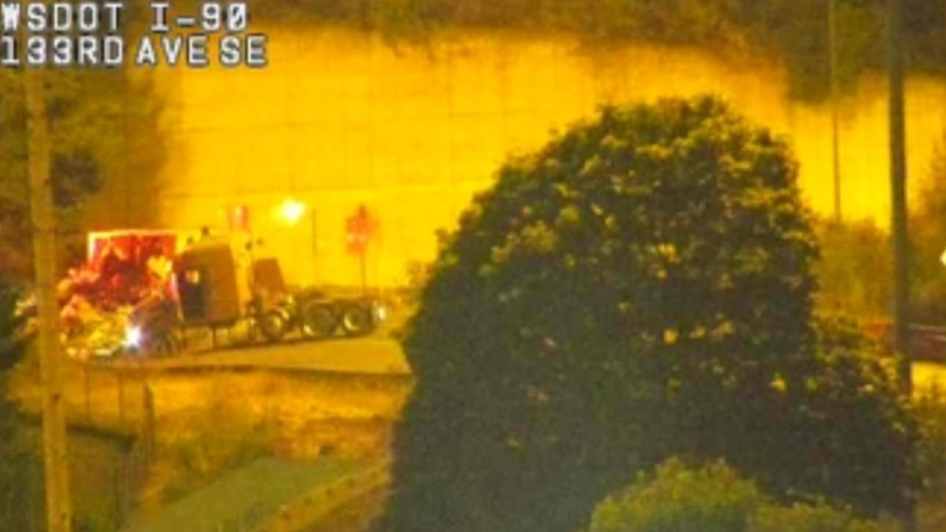 Overturned semi blocks I-405 ramp to I-90 in Bellevue