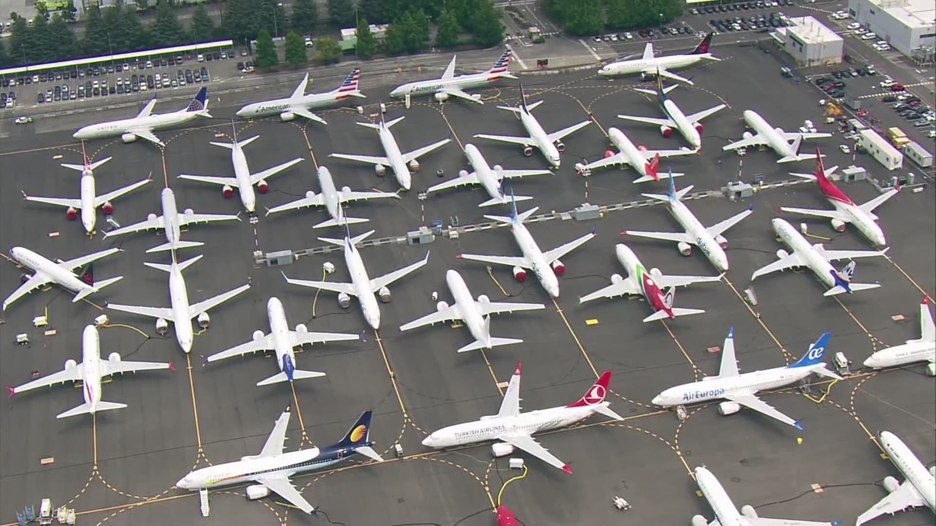 KING 5 helicopter SkyKING flew over a crowded Boeing Field in Seattle, where dozens of Boeing 737 Max planes remain grounded.