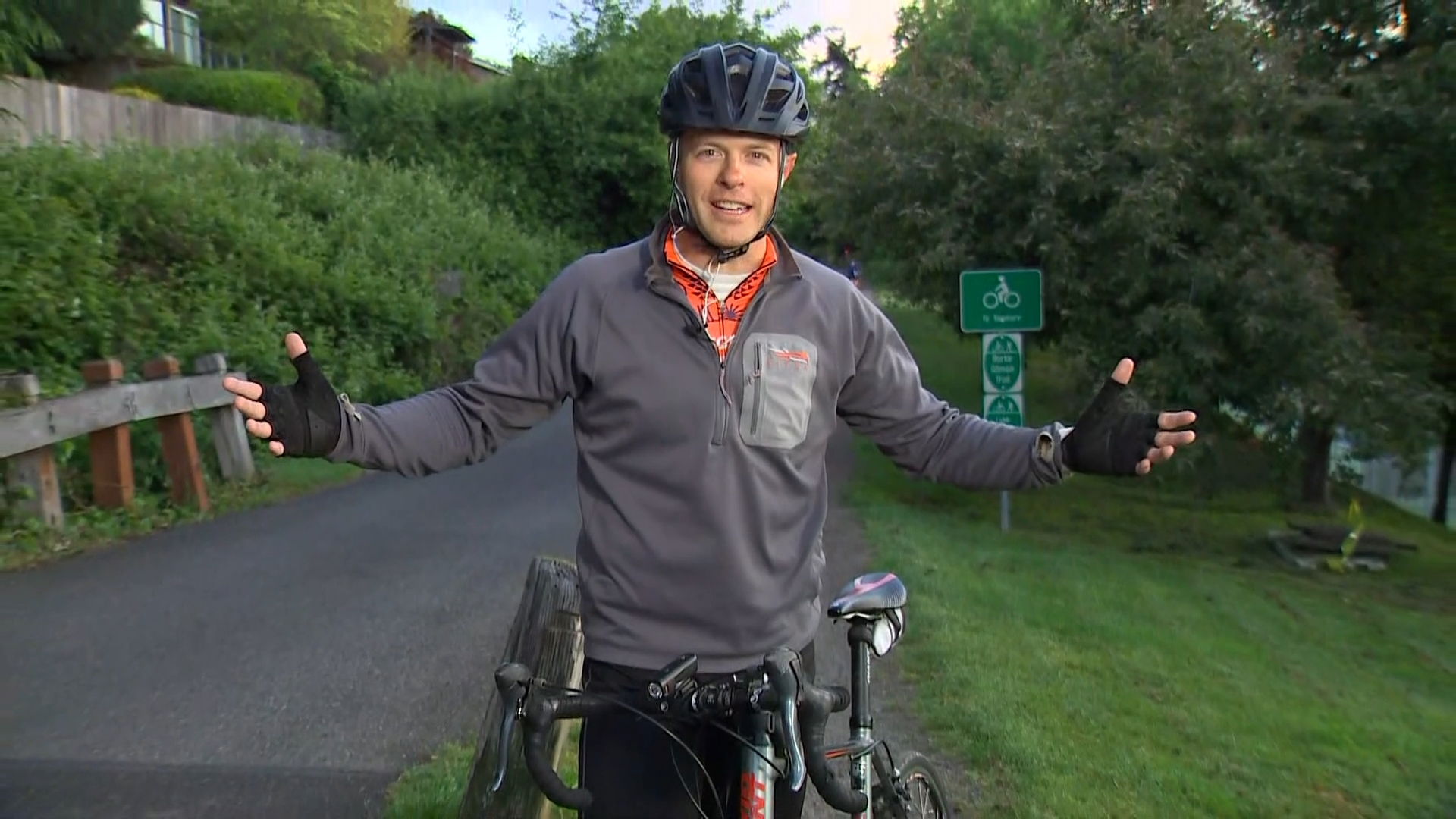 KING 5 Anchor Jake Whittenberg rode his bike to the studio, to encourage everyone to get out and enjoy the trails