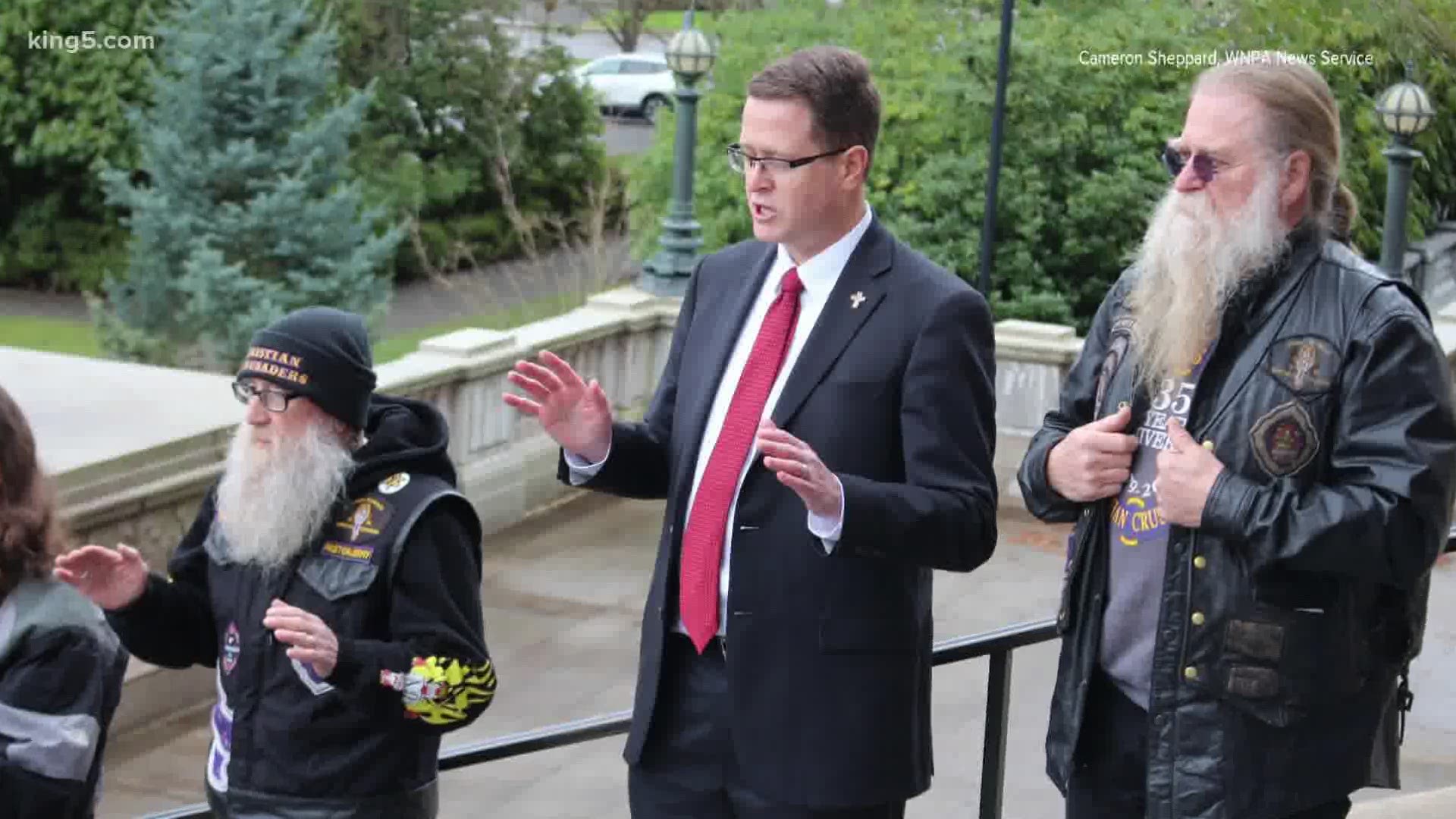 Washington state Rep. Matt Shea is accused of damaging the Capitol steps in Olympia with olive oil during a counter-protest in March.