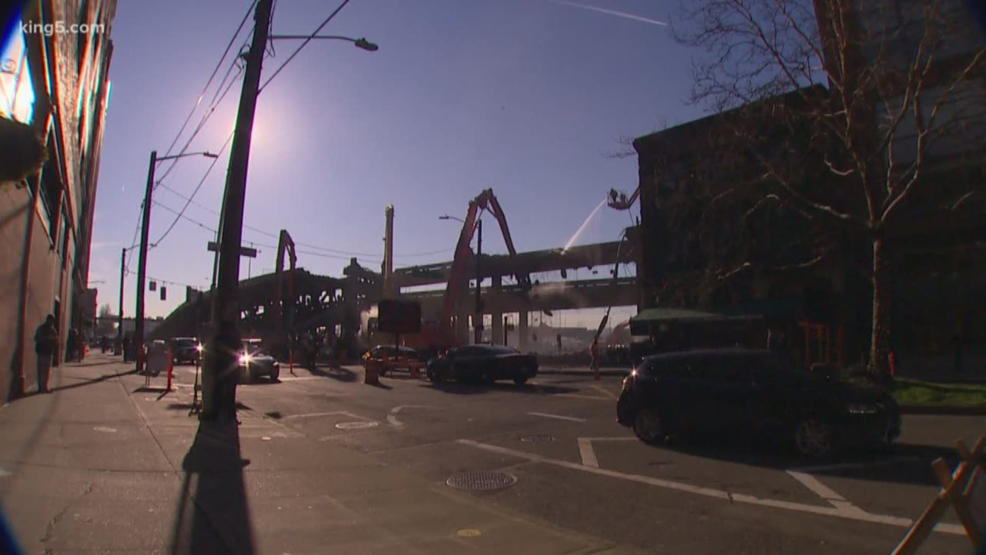 Crews were out Saturday demolishing a ramp connected to the Alaskan Way Viaduct.
