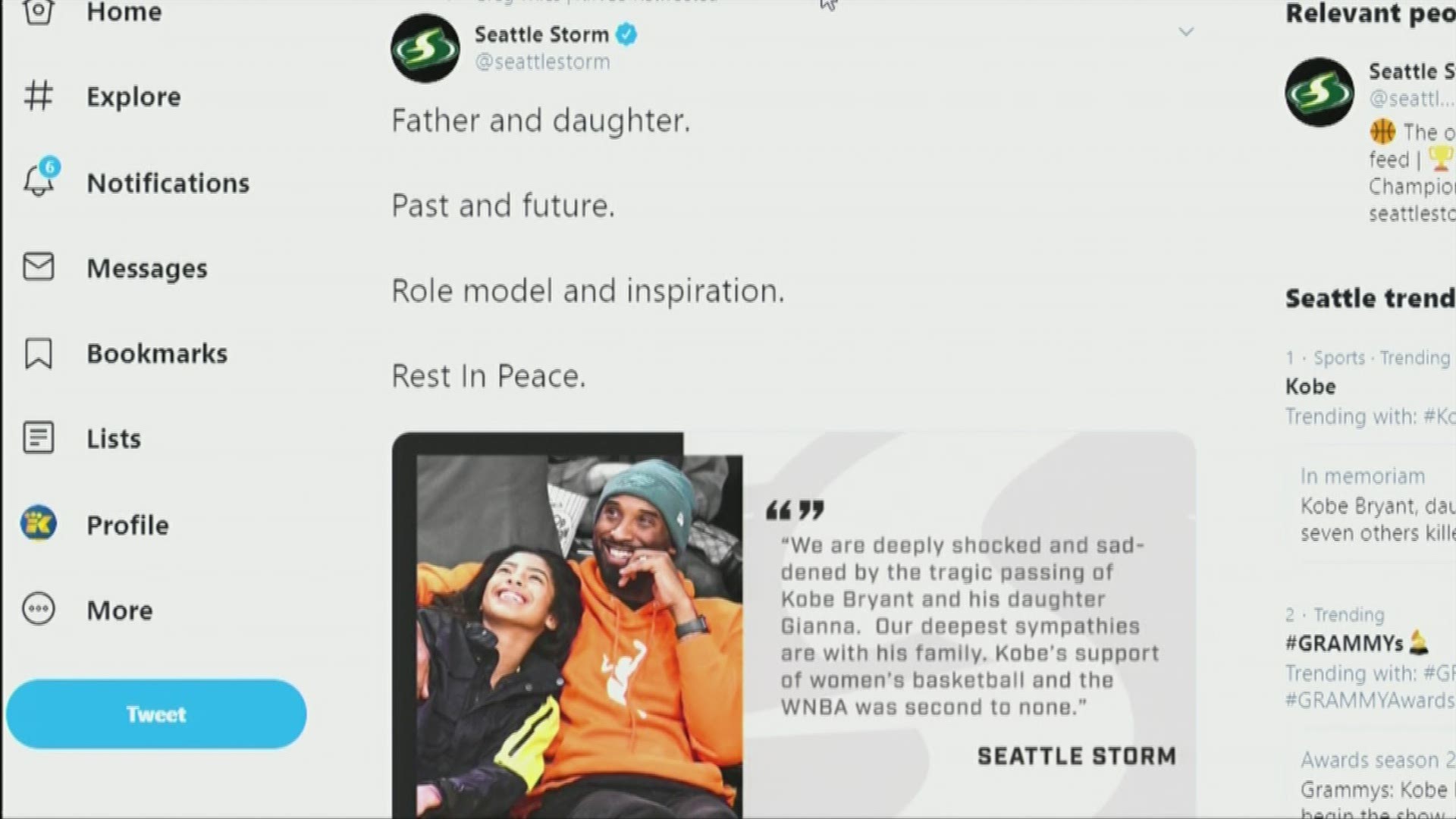 Support from Seattle athletes pours in on Twitter in response to Kobe Bryant's death.