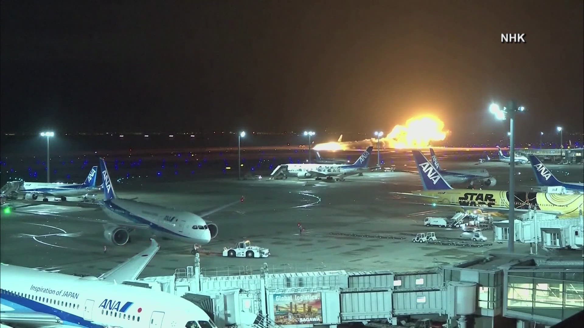 A commercial jet collided with a Japanese Coast Guard plane and burst into flames on the runway at Tokyo's Haneda Airport