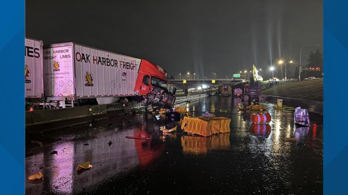 Northbound I-5 reopens near DuPont after semi crash and diesel spill
