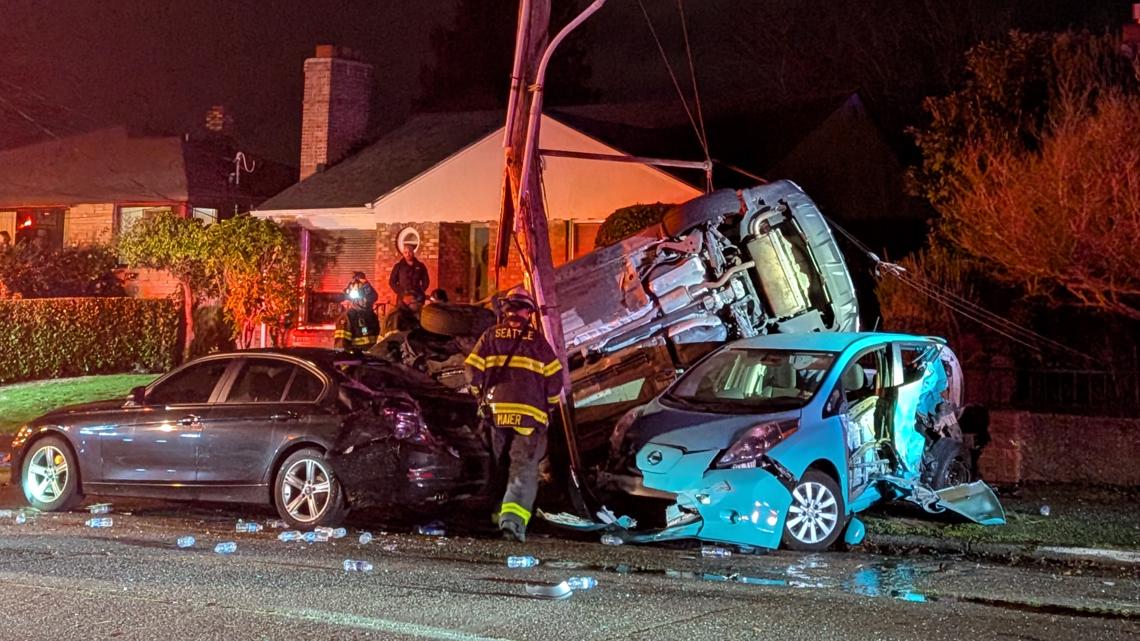 'Heavily intoxicated' driver had to be cut from car, severed power pole, Seattle police say