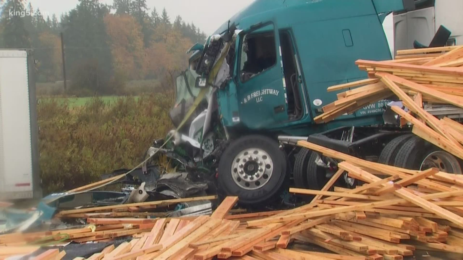 A crash involving four semi-trucks is blocking all southbound lanes of I-5 south of Olympia. Cleanup is expected to continue into the evening commute.