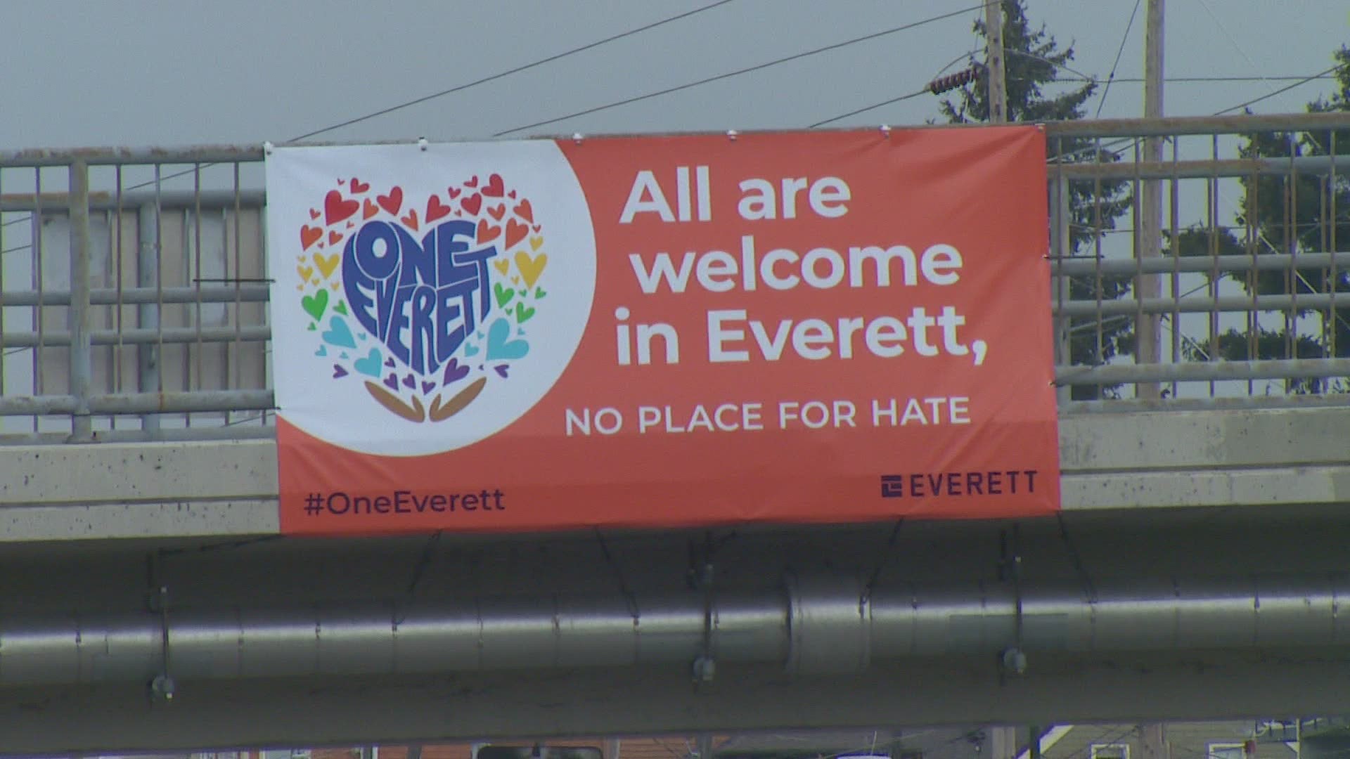 A white supremacist organization hung a recruitment banner off a city overpass. The mayor replaced it with a new banner with a more inclusive message.