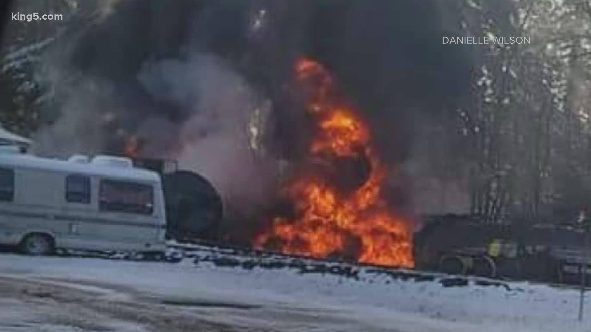 Six tanker train cars derailed in the Custer area of Whatcom County and caught fire Tuesday. Evacuations in the neighborhood are now lifted. No injuries reported.