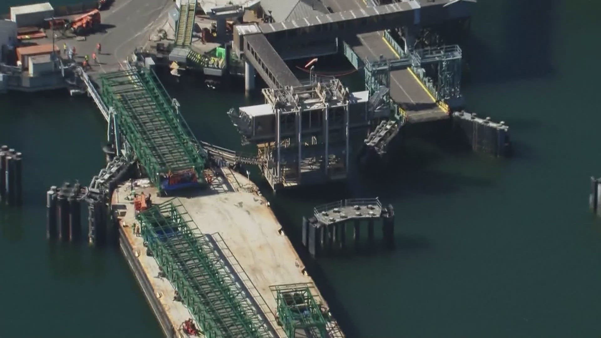 The injury occurred as crews work to replace the existing overhead wooden walkway at the ferry terminal on Bainbridge Island.