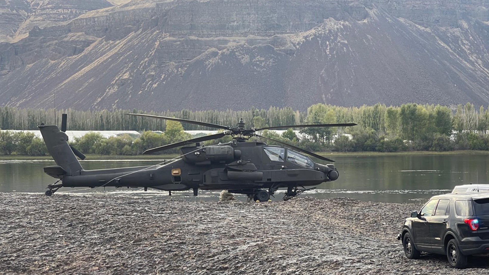 A military helicopter made a "hard landing" after striking power lines over Columbia River near Beverly in Grant County on Friday afternoon.