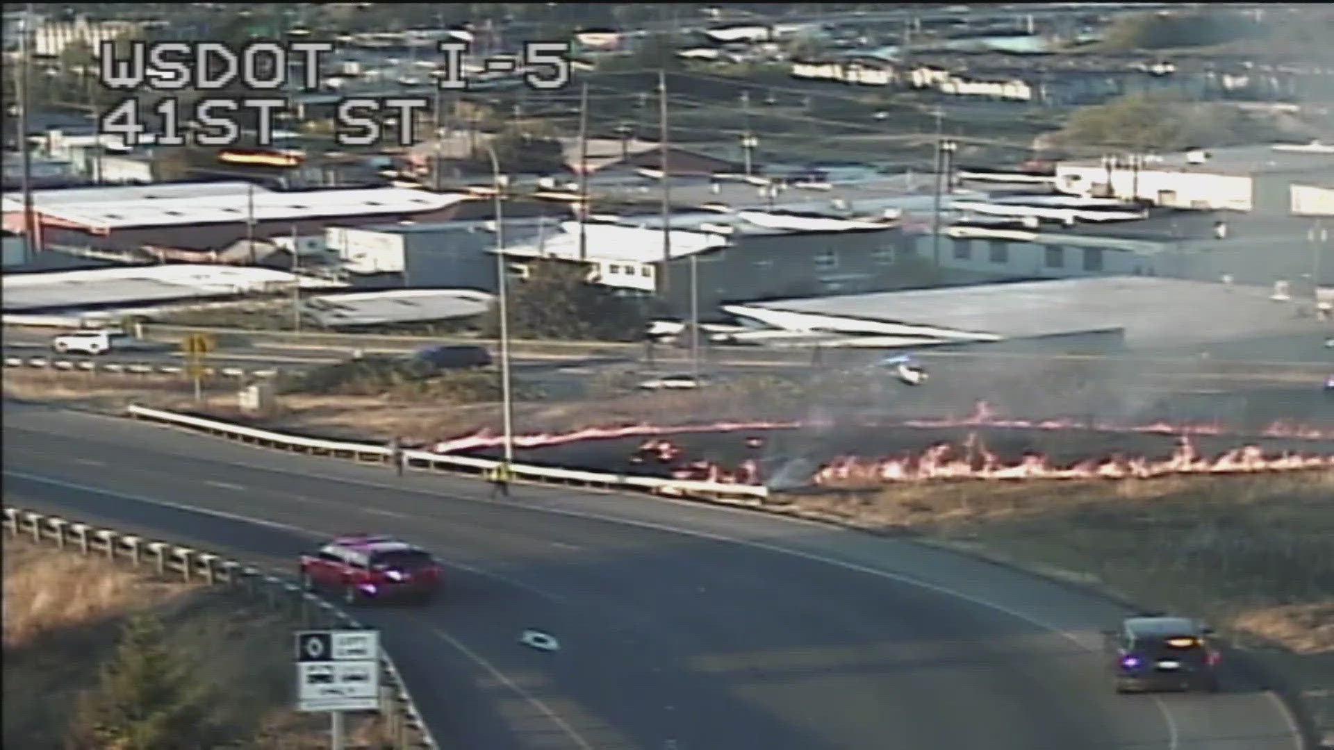 A car crashed off the road, sparking a field fire along northbound Interstate 5 near the 41st Street exit on Tuesday night. 
