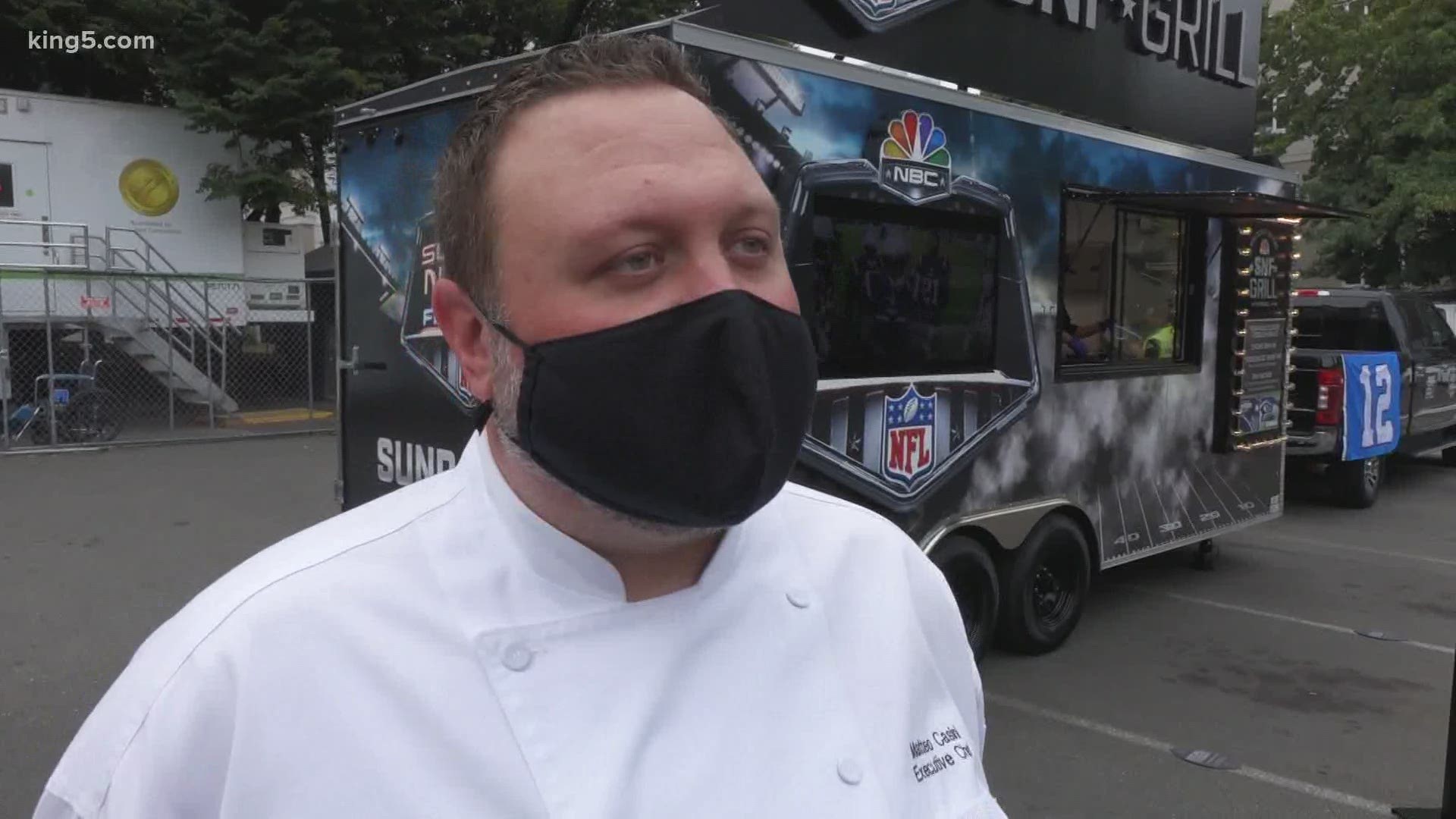 The Sunday Night Football Grill made a stop in Washington and served up dishes to Virginia Mason staff and Renton firefighters.