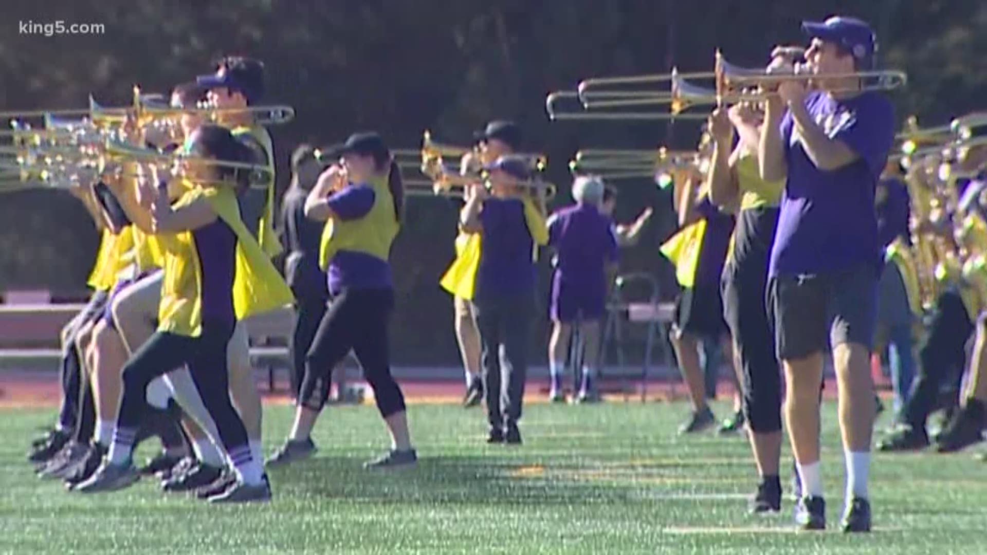 The UW marching band practiced on the field in Glendale ahead of Rose Bowl performances and festivities.