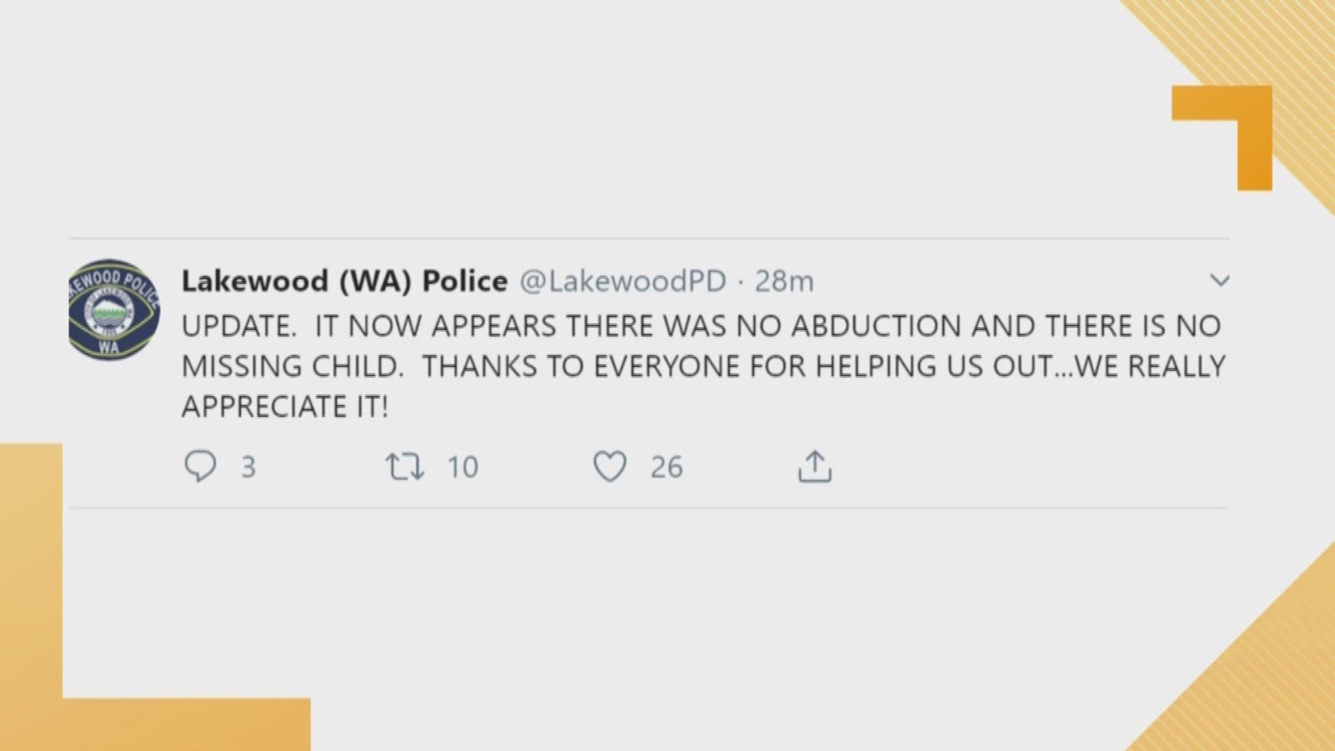 Lakewood police say no child was abducted following a report of suspicious activity Monday evening.