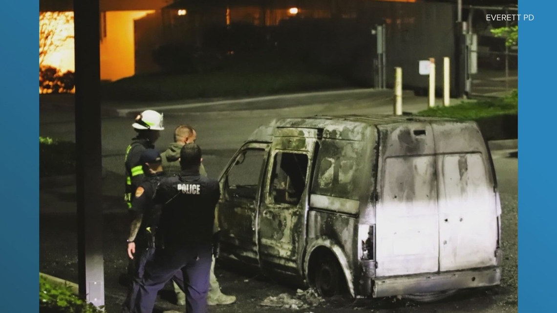 Man arrested after police say he set fire to van outside Everett Police ...