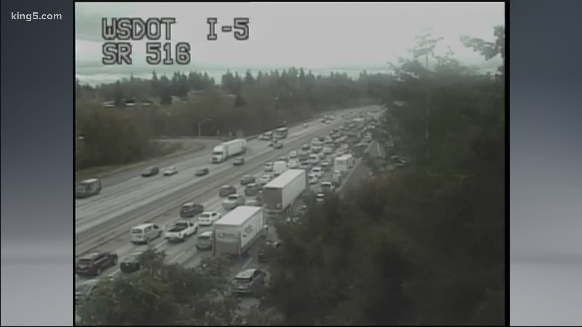 A car fire is blocking multiple lanes of SB I-5 near Federal Way.