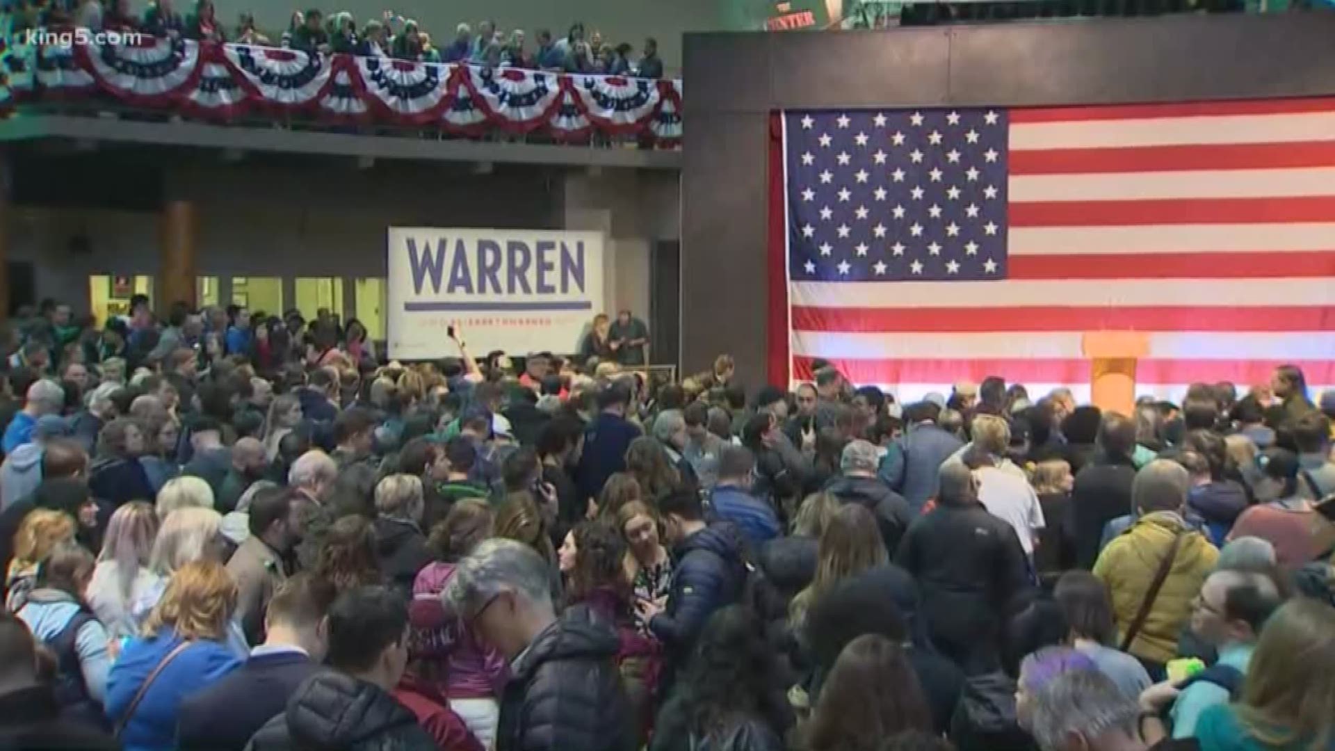 People are gathering at the Seattle Armory in Seattle to hear from Democratic presidential candidate Elizabeth Warren, who is expected to speak at 6 p.m.