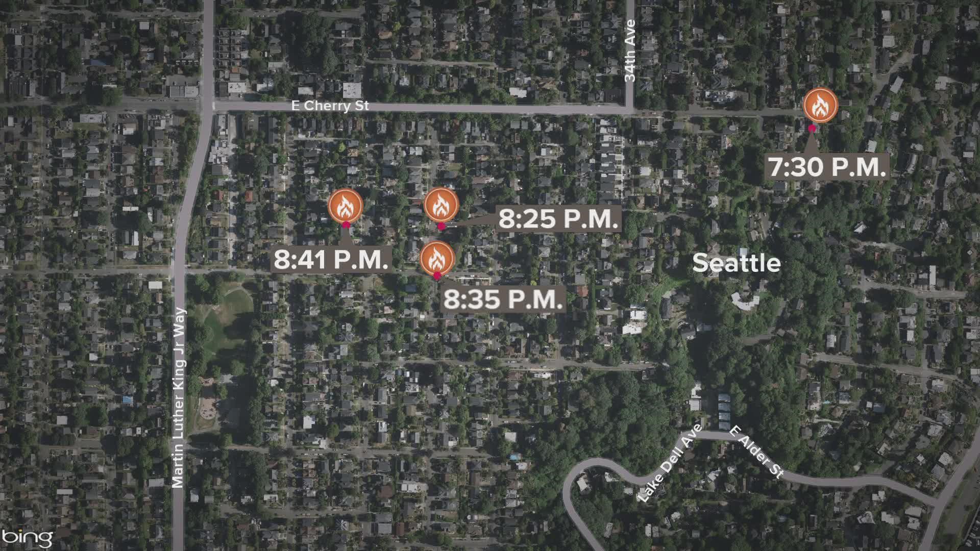 One person was arrested after allegedly setting several fires in Seattle's Central District Monday night. The four fires were reported between 7:30-8:31 p.m.