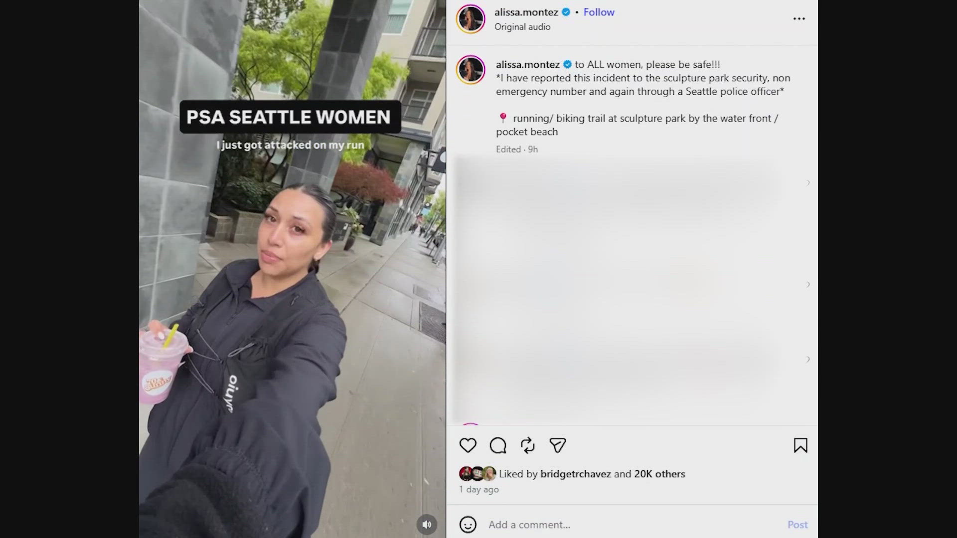 Alyssa Montes says she nearly runs the frequently visited Belltown waterfront every day. On Wednesday at about 11 a.m., she says a man grabbed her arm.