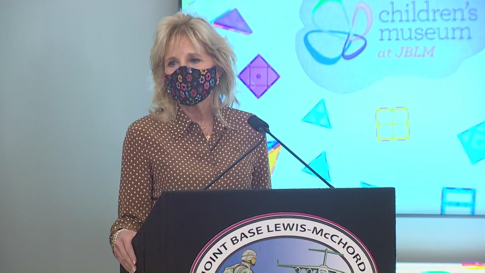 First Lady Dr. Jill Biden toured Joint Base Lewis-McChord Tuesday morning before speaking with military families about their experiences during the COVID-19 pandemic