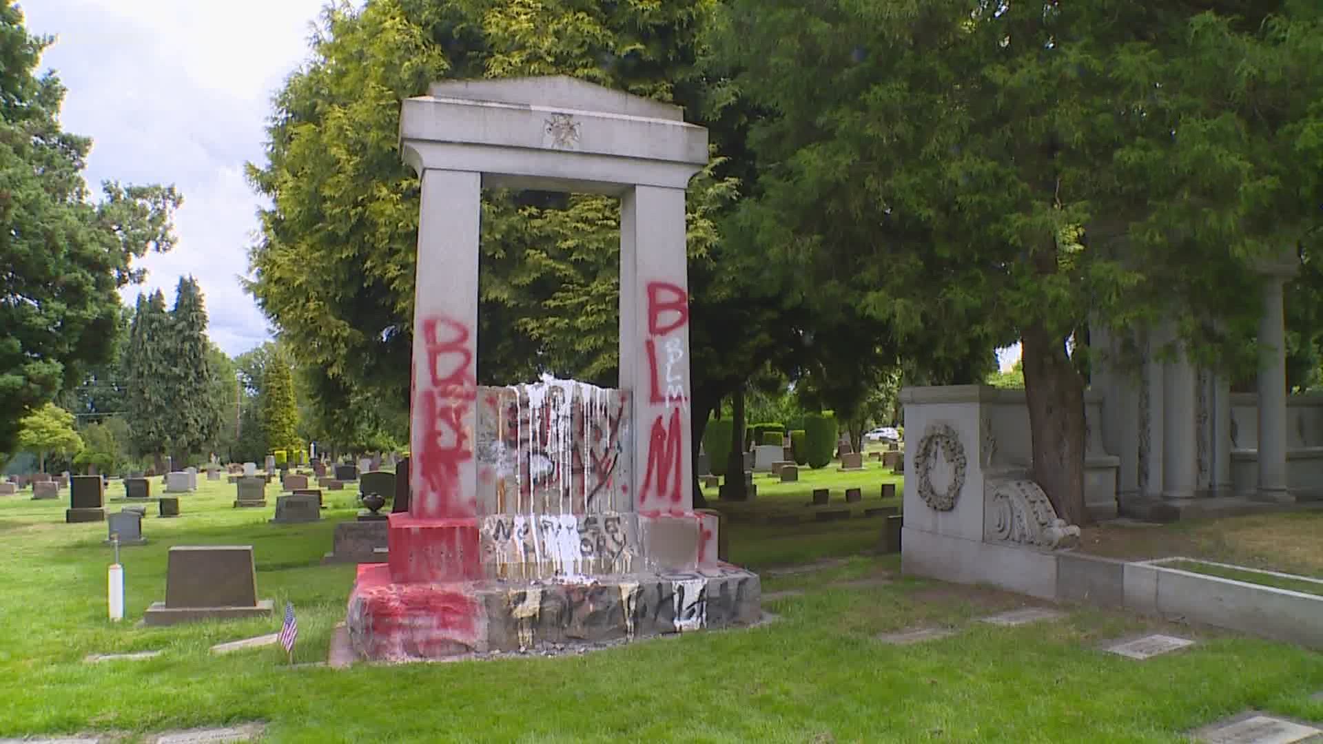 The Confederate memorial at Seattle's Lake View Cemetery was vandalized with spray paint over the weekend. Cemetery managers are now considering removing it.