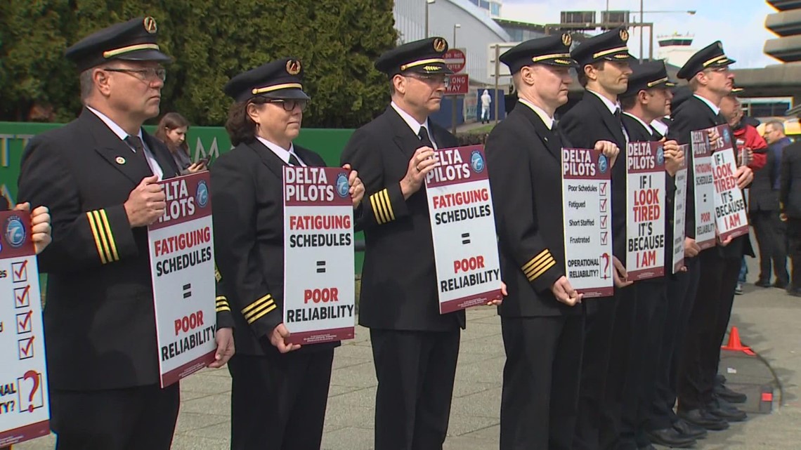Delta pilots picketing over 'long and fatiguing' schedules | king5.com