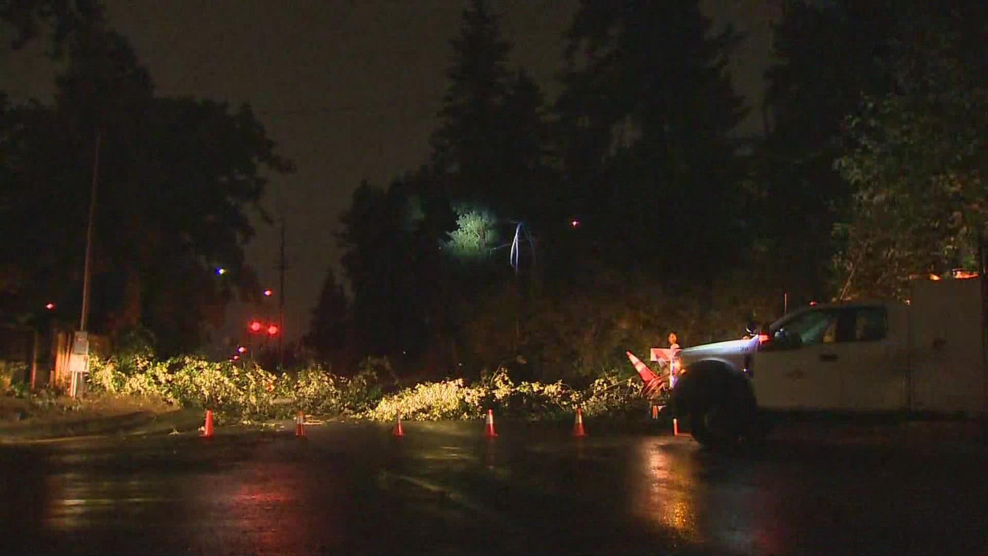 At least 65,000 people were without power on Saturday morning, following strong winds and rain from storms on Friday evening and overnight.
