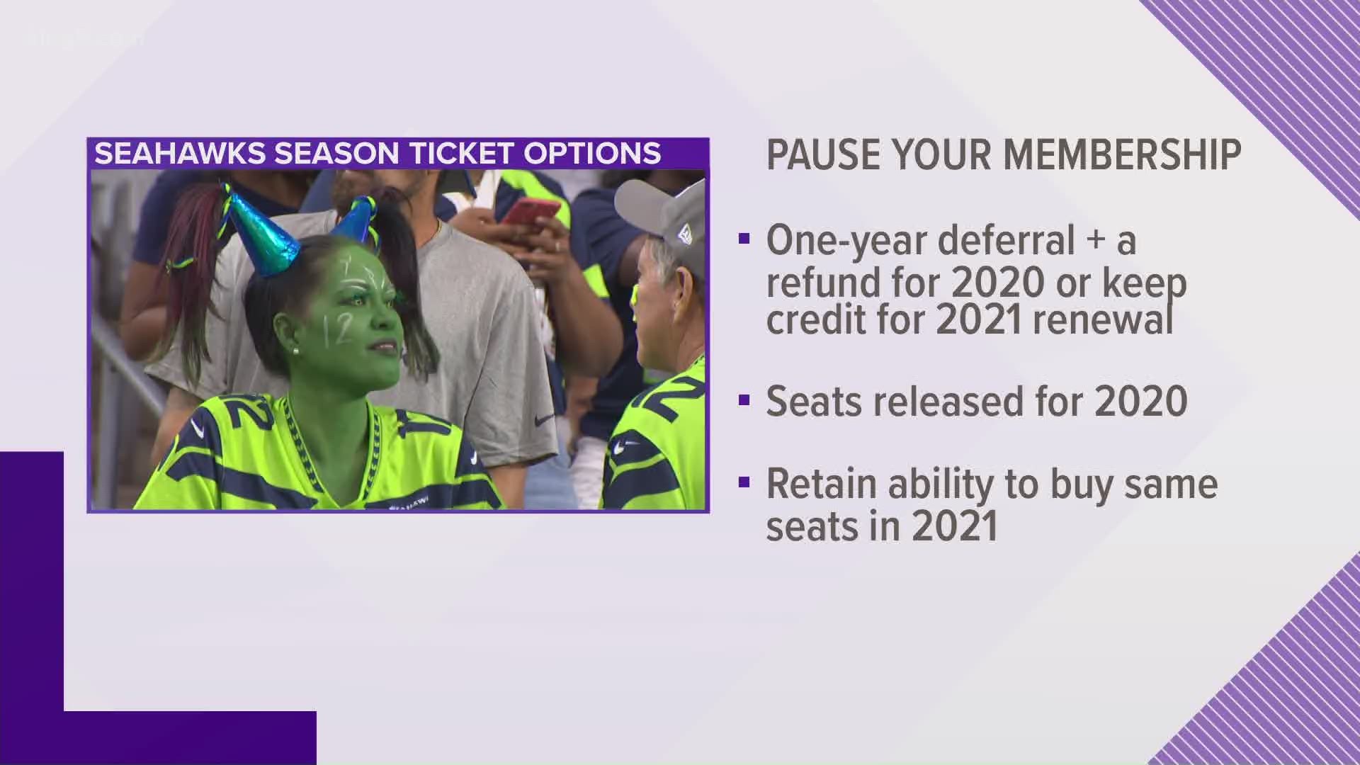 Due to the uncertainty of the NFL season, Seahawks season ticket holders may request a refund or keep credit on account for 2021 renewal.