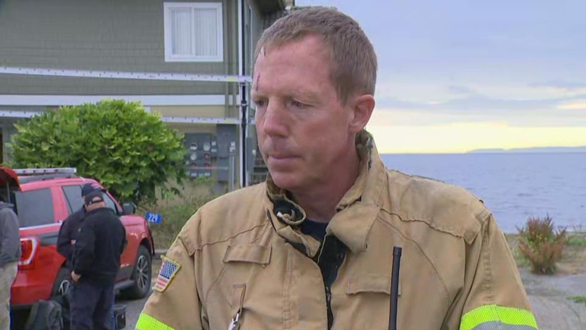 A South Whidbey Fire official provides the latest updates after a plane crashed off of Whidbey Island near Mutiny Bay.