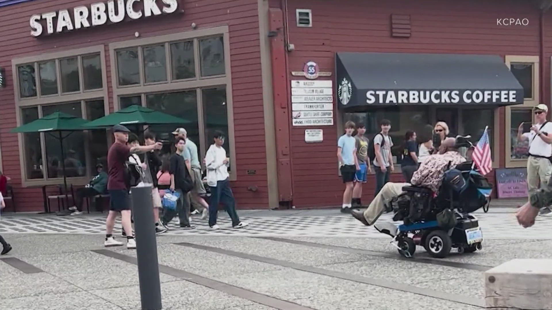 A Navy veteran in a wheelchair was injured in a shooting on the Seattle waterfront in July 2025.