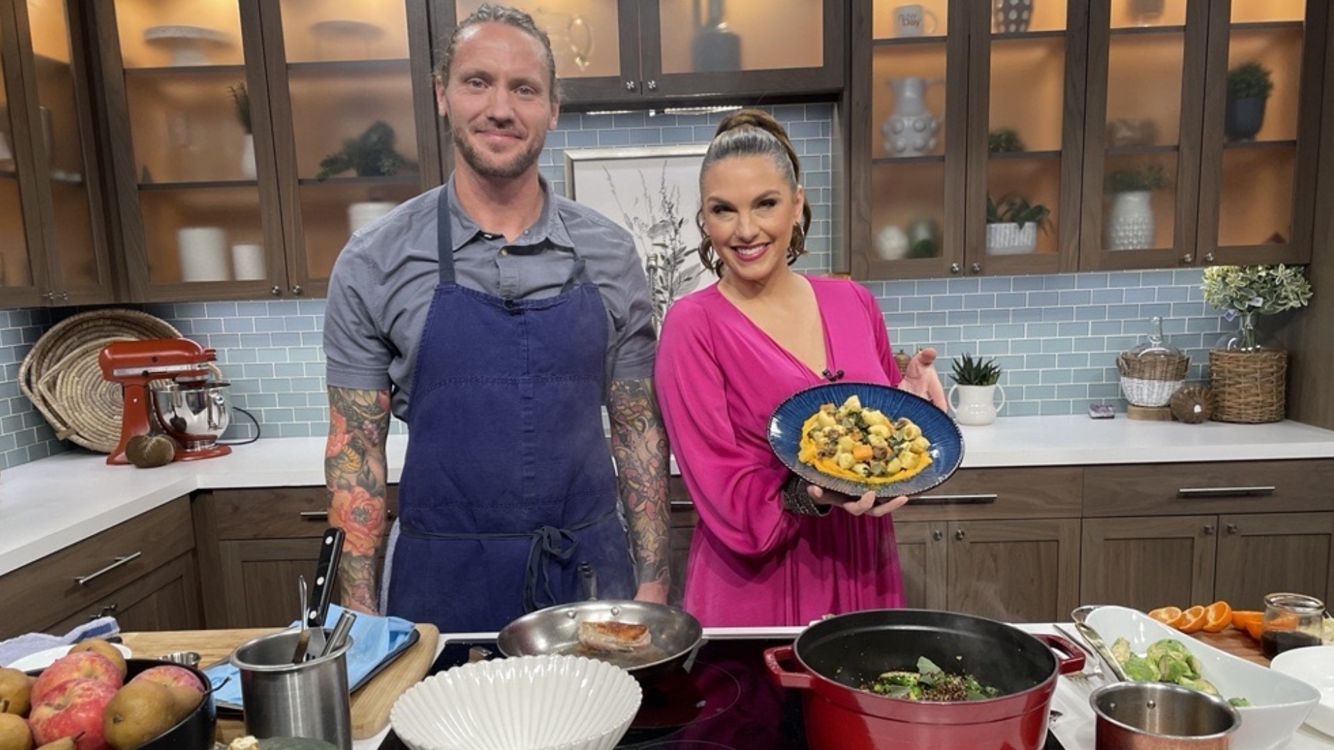 Kevin Benner, executive chef at Cedar and Elm, located at The Lodge at St. Edward Park, shows Amity his quick but elegant fall recipe. #newdaynw