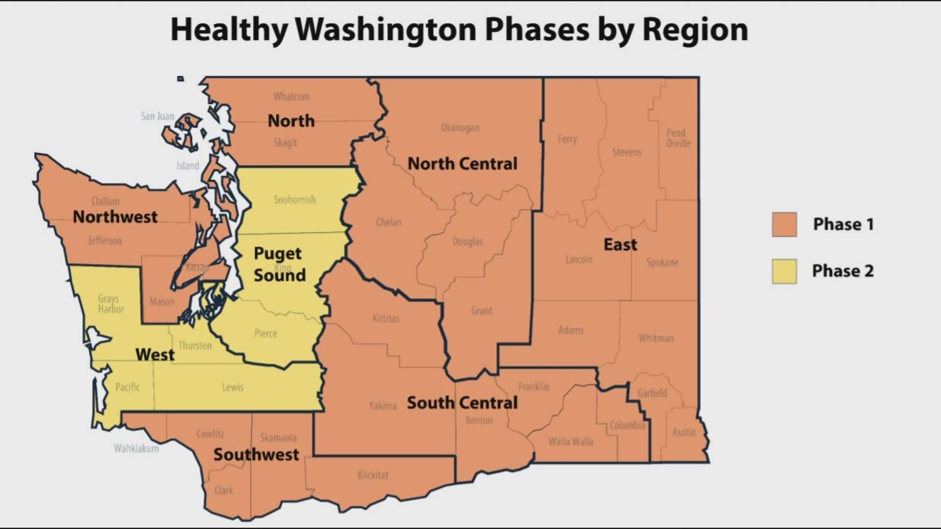Seven counties in the Puget Sound and West regions can move to Phase 2 of the "Healthy Washington" plan. Counties need to meet three out of four metrics to qualify.