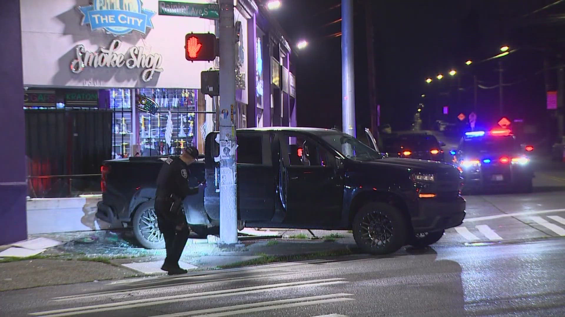 A driver backed a truck into The City Smoke Shop at Rainier Ave S and S. Grand St in Seattle, before abandoning the vehicle at the scene