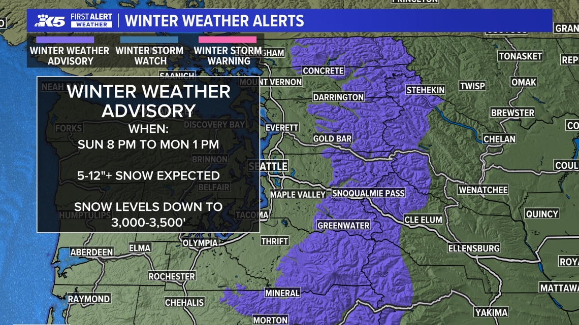 A Winter Weather Advisory is in effect from 8 p.m. Sunday through 1 p.m. Monday for the Cascades.